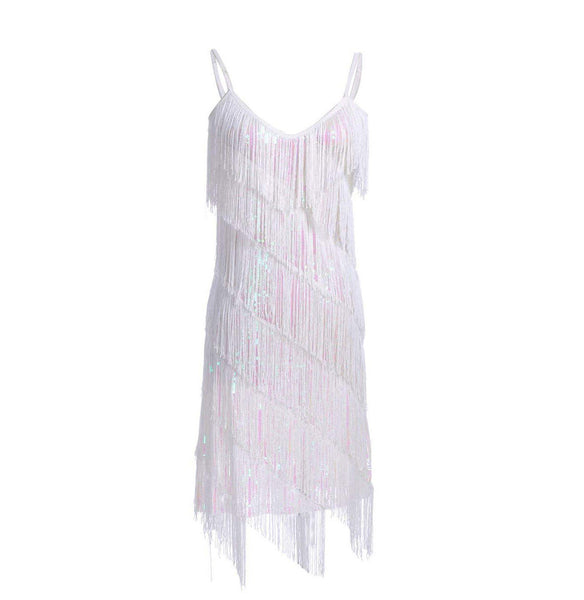 Fringe Sequin Strap Backless 1920s Flapper Mini Dress White