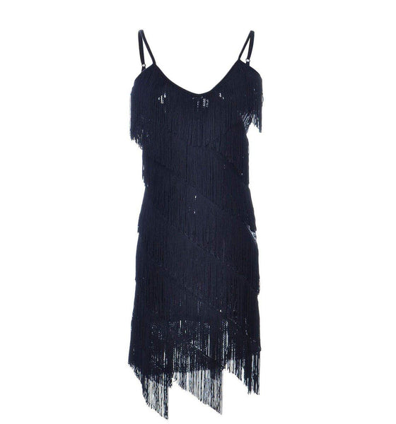 Fringe Sequin Strap Backless 1920s Flapper Mini Dress Black