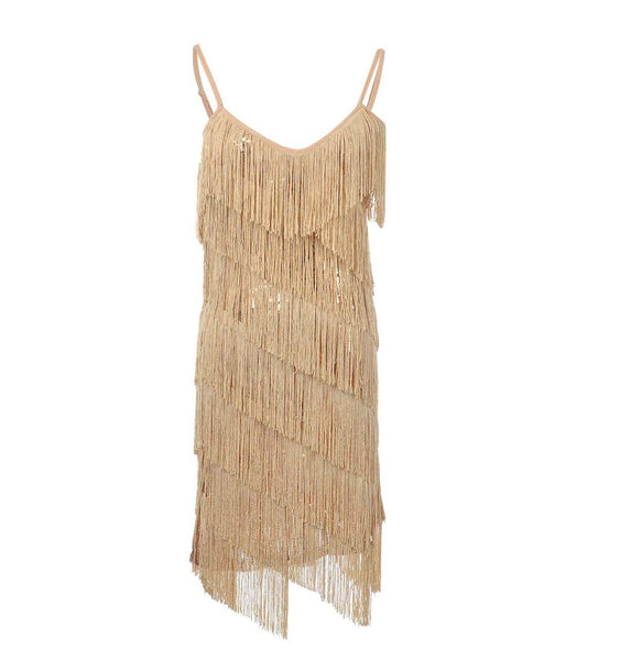 Fringe Sequin Strap Backless 1920s Flapper Mini Dress Gold