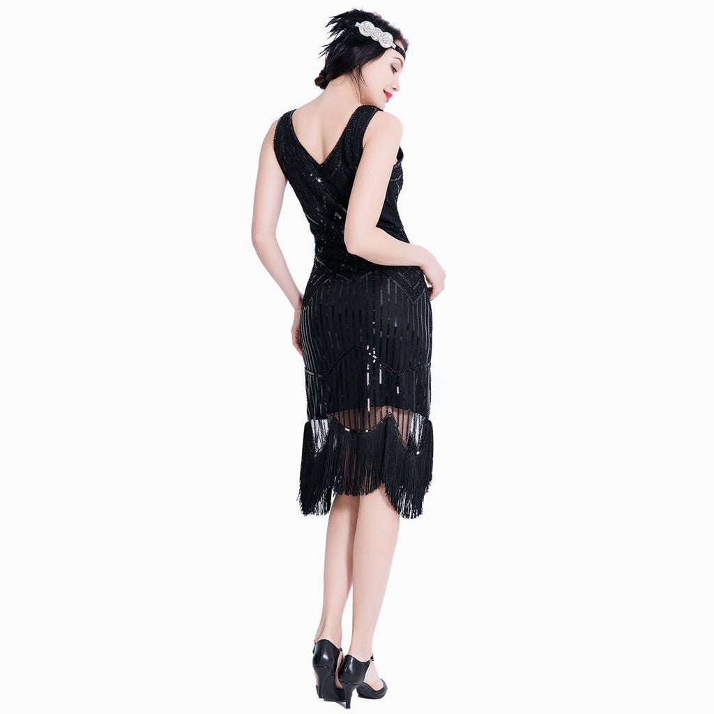 Women's 1920s Flapper Fringe Beaded Great Gatsby Party Dress with Costume  Set, Black, L price in UAE,  UAE