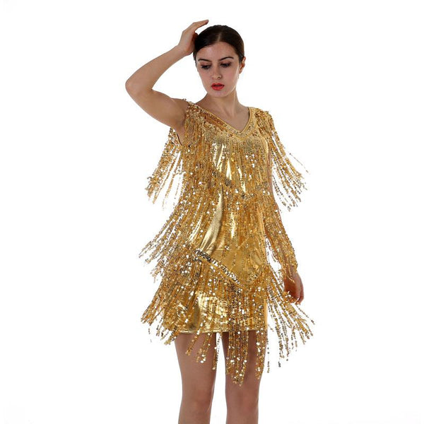 Women's Flapper Dress 1920s Tassel Sequined Party Gold