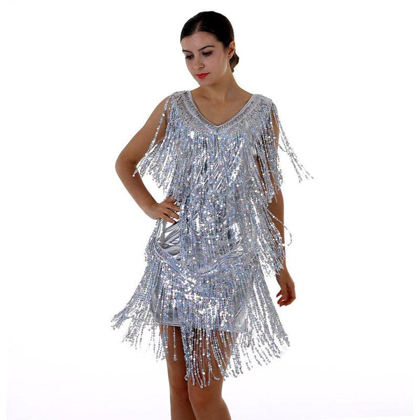 Women's Flapper Dress 1920s Tassel Sequined Party Silver