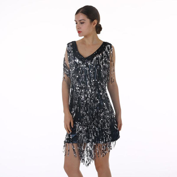 Women's Flapper Dress 1920s Tassel Sequined Party Black