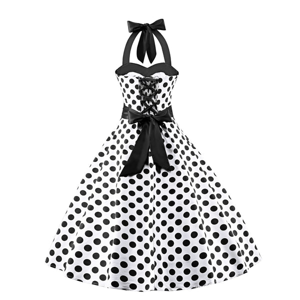 Women's 1950s Retro Cocktail Vintage White Dress with Black Polka Dots ...